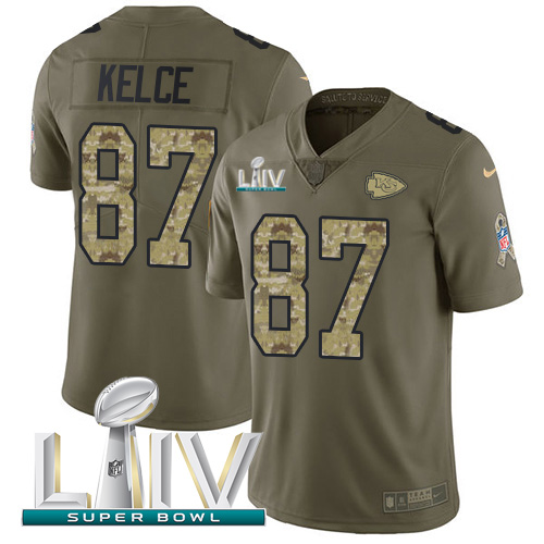 Chiefs #87 Travis Kelce Olive/Camo Super Bowl LIV 2020 Men's Stitched Limited 2017 Salute To Service Jersey