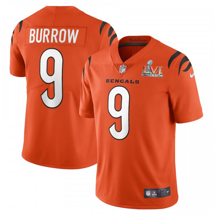 Cincinnati Bengals #9 Joe Burrow Orange Super Bowl LVI Patch Youth Alternate Vapor Limited Jersey