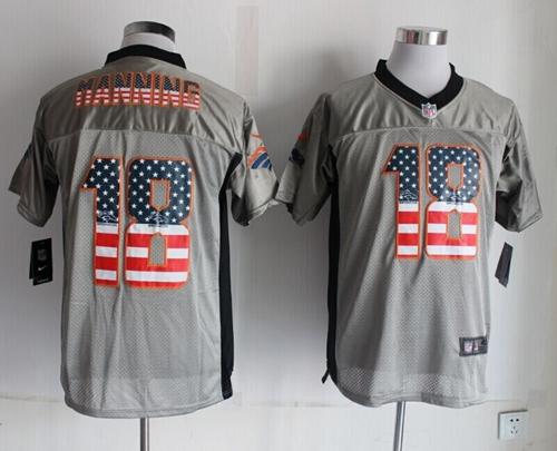 Broncos #18 Peyton Manning Grey Men's Stitched Elite USA Flag Fashion Jersey