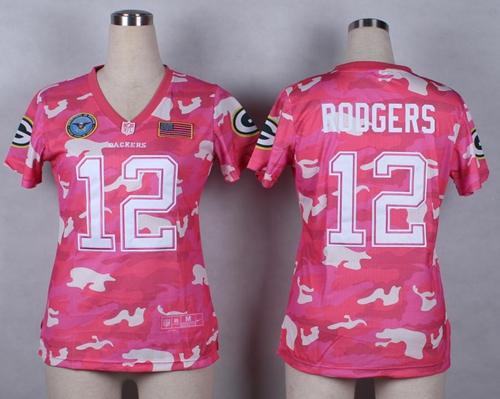 Packers #12 Aaron Rodgers Pink Women's Stitched Elite Camo Fashion Jersey