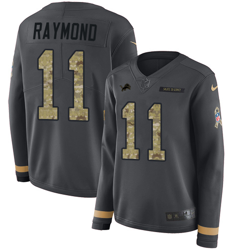 Lions #11 Kalif Raymond Anthracite Salute To Service Women's Stitched Limited Therma Long Sleeve Jersey