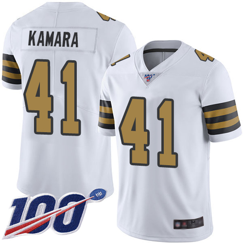 Saints #41 Alvin Kamara White Men's Stitched Limited Rush 100th Season Jersey