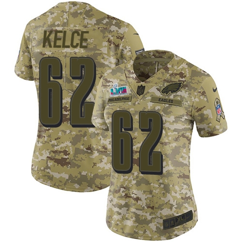 Eagles #62 Jason Kelce Camo Super Bowl LVII Patch Women's Stitched Limited 2018 Salute To Service Jersey