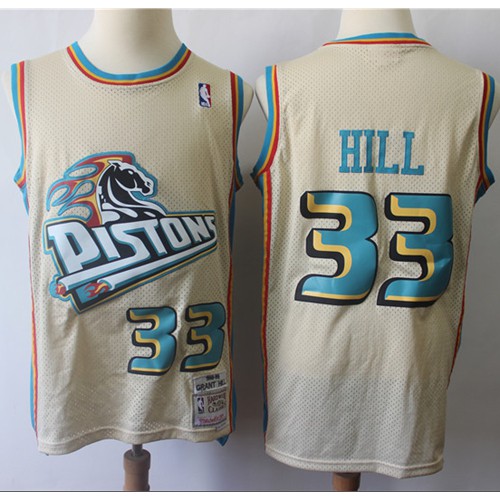 Mitchell And Ness Detroit Pistons #33 Grant Hill Cream Throwback Stitched Jersey Mens