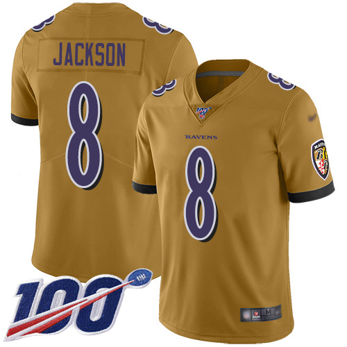 Ravens #8 Lamar Jackson Gold Youth Stitched Limited Inverted Legend 100th Season Jersey