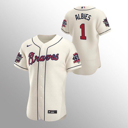 Atlanta Atlanta Braves #1 Ozzie Albies Men's 150th Anniversary 2021 World Series Authentic Jersey - Cream Men's