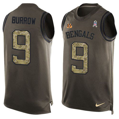 Bengals #9 Joe Burrow Green Men's Stitched Limited Salute To Service Tank Top Jersey