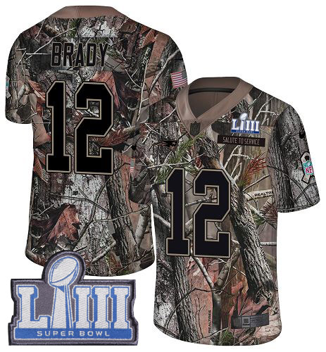 Patriots #12 Tom Brady Camo Super Bowl LIII Bound Men's Stitched Limited Rush Realtree Jersey