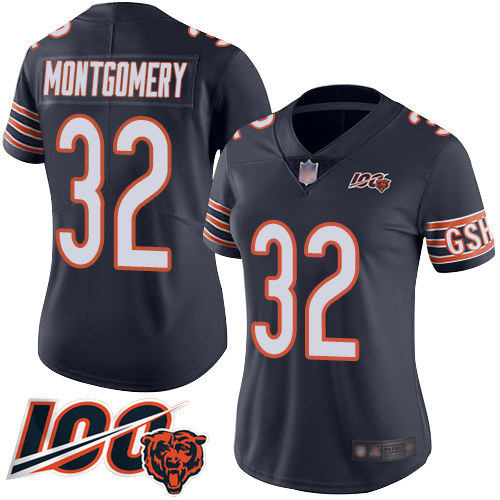 Chicago Bears #32 David Montgomery Navy Blue Team Color Women's Stitched 100th Season Vapor Limited Jersey Womens