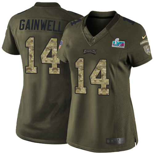 Eagles #14 Kenneth Gainwell Green Super Bowl LVII Patch Women's Stitched Limited 2015 Salute To Service Jersey