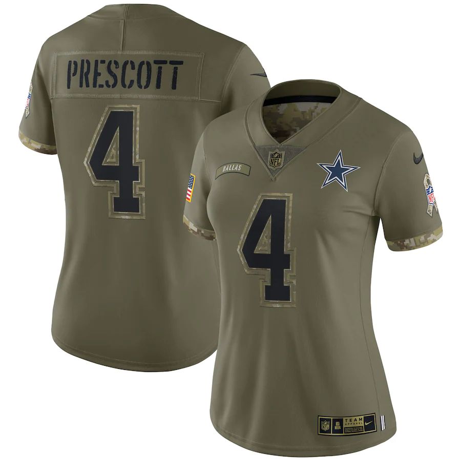 Dallas Cowboys #4 Dak Prescott Women's 2022 Salute To Service Limited Jersey - Olive
