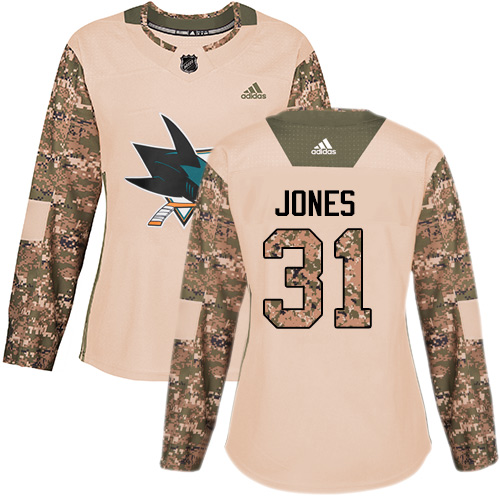 Adidas San Jose Sharks #31 Martin Jones Camo Authentic 2017 Veterans Day Women's Stitched Jersey Womens