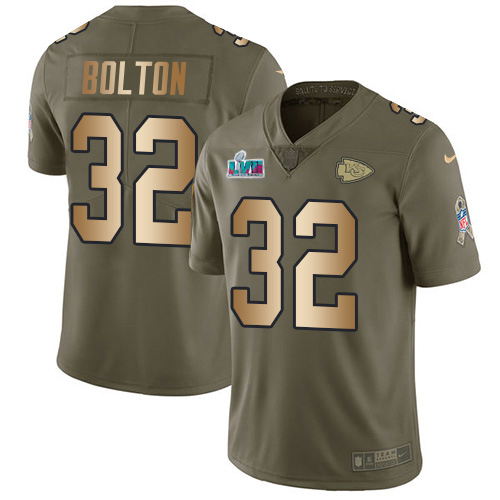 Chiefs #32 Nick Bolton Olive/Gold Super Bowl LVII Patch Men's Stitched Limited 2017 Salute To Service Jersey
