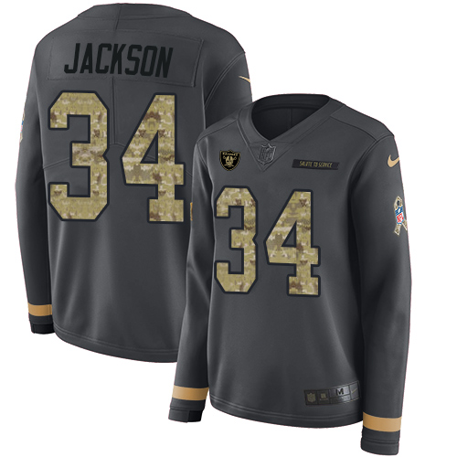 Raiders #34 Bo Jackson Anthracite Salute To Service Women's Stitched Limited Therma Long Sleeve Jersey