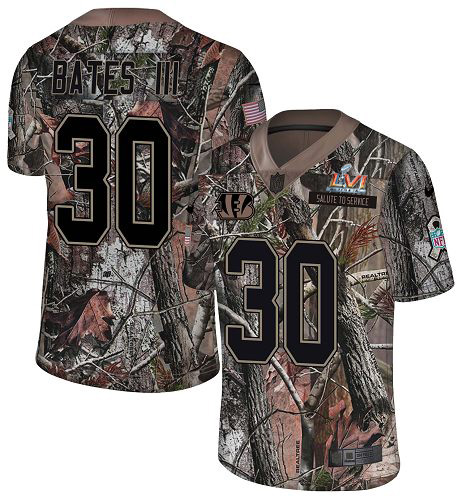 Bengals #30 Jessie Bates Camo Super Bowl LVI Patch Youth Stitched Limited Rush Realtree Jersey