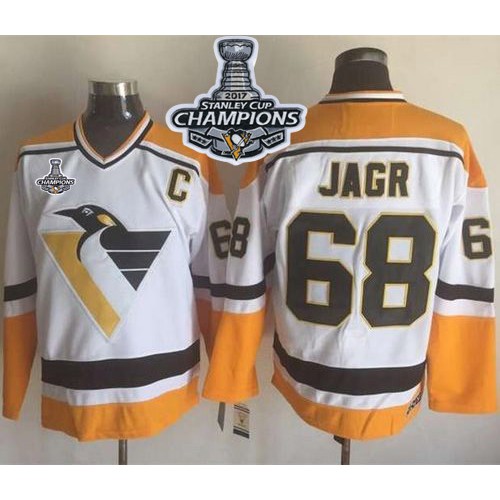 Pittsburgh Penguins #68 Jaromir Jagr White/Yellow CCM Throwback 2017 Stanley Cup Finals Champions Stitched Jersey Men's