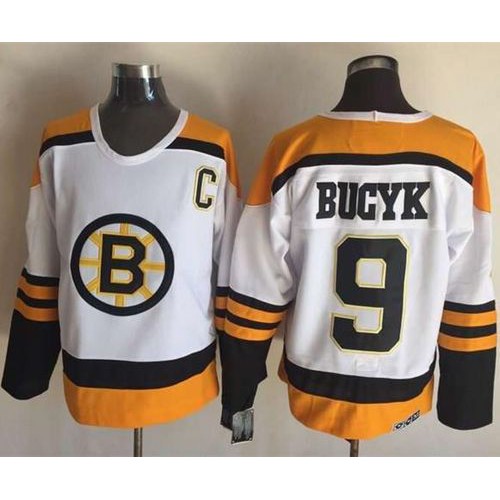 Boston Bruins #9 Johnny Bucyk Yellow/White CCM Throwback Stitched Jersey Men's