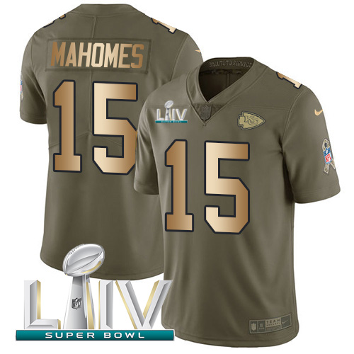 Chiefs #15 Patrick Mahomes Olive/Gold Super Bowl LIV 2020 Men's Stitched Limited 2017 Salute To Service Jersey
