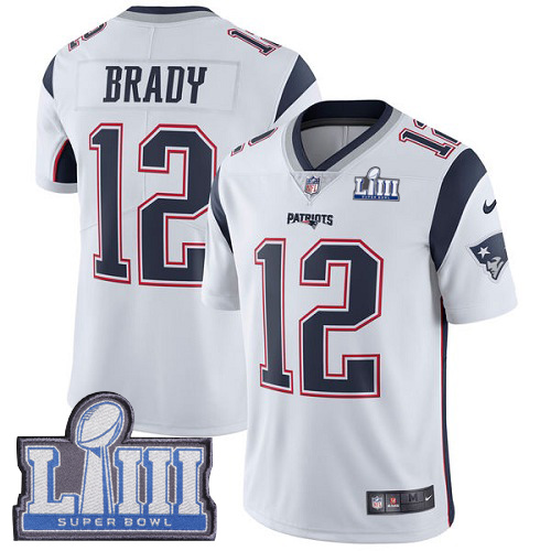 Patriots #12 Tom Brady White Super Bowl LIII Bound Men's Stitched Vapor Untouchable Limited Jersey