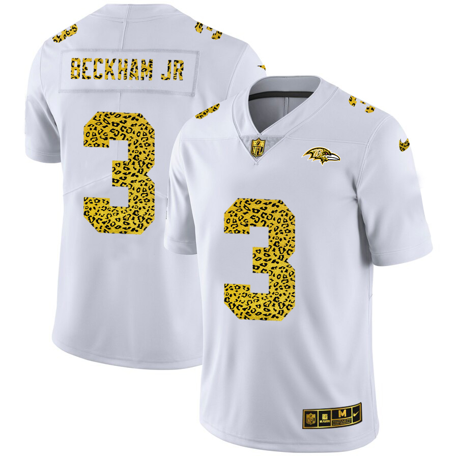 Baltimore Ravens #3 Odell Beckham Jr. Men's Flocked Leopard Print Vapor Limited Jersey White