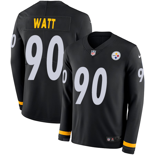 Steelers #90 T. J. Watt Black Team Color Youth Stitched Limited Therma Long Sleeve Jersey