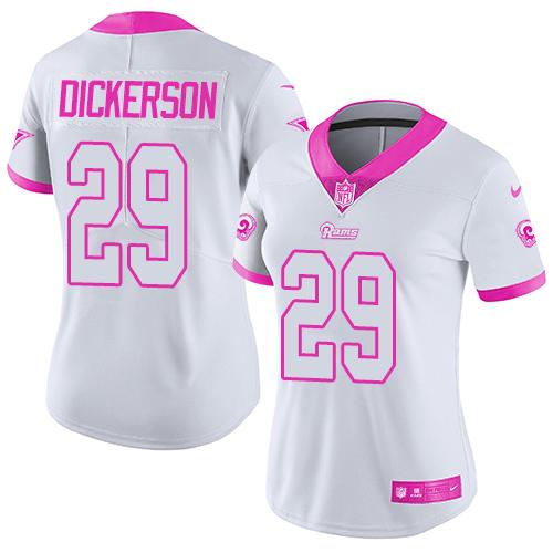 Rams #29 Eric Dickerson White/Pink Women's Stitched Limited Rush Fashion Jersey