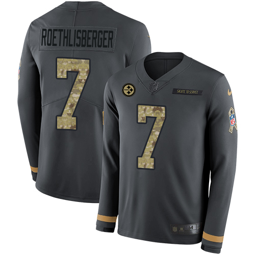 Pittsburgh Steelers #7 Ben Roethlisberger Anthracite Salute to Service Men's Stitched Limited Therma Long Sleeve Jersey Men's