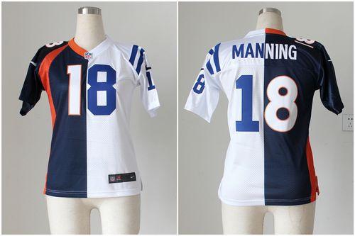Broncos #18 Peyton Manning Blue/White Women's Stitched Elite Split Colts Jersey