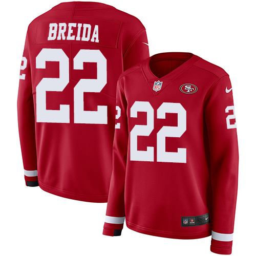 San Francisco 49ers #22 Matt Breida Red Team Color Women's Stitched Limited Therma Long Sleeve Jersey Womens