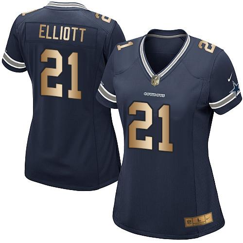 Cowboys #21 Ezekiel Elliott Navy Blue Team Color Women's Stitched Elite Gold Jersey