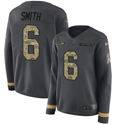 Eagles #6 DeVonta Smith Anthracite Salute To Service Women's Stitched Limited Therma Long Sleeve Jersey