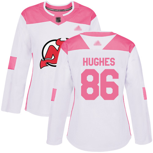 Adidas New Jersey Devils #86 Jack Hughes White/Pink Authentic Fashion Women's Stitched Jersey Womens