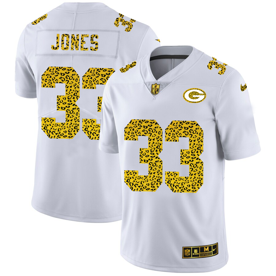 Green Bay Packers #33 Aaron Jones Men's Flocked Leopard Print Vapor Limited Jersey White