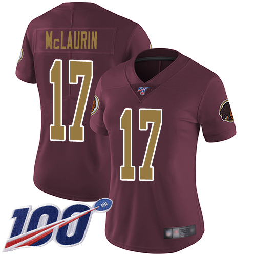 Commanders #17 Terry McLaurin Burgundy Red Alternate Women's Stitched 100th Season Vapor Limited Jersey