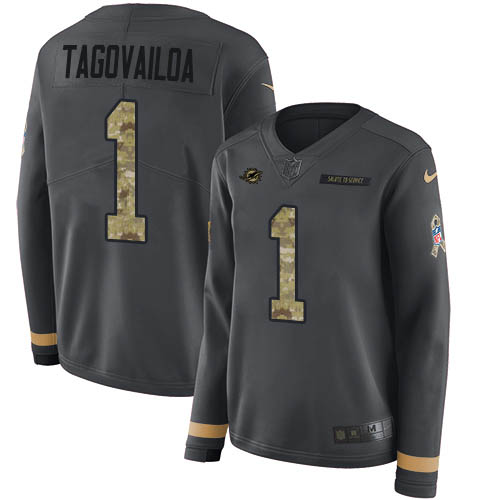 Dolphins #1 Tua Tagovailoa Anthracite Salute To Service Women's Stitched Limited Therma Long Sleeve Jersey