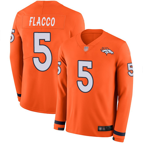 Denver Broncos #5 Joe Flacco Orange Team Color Men's Stitched Limited Therma Long Sleeve Jersey Men's