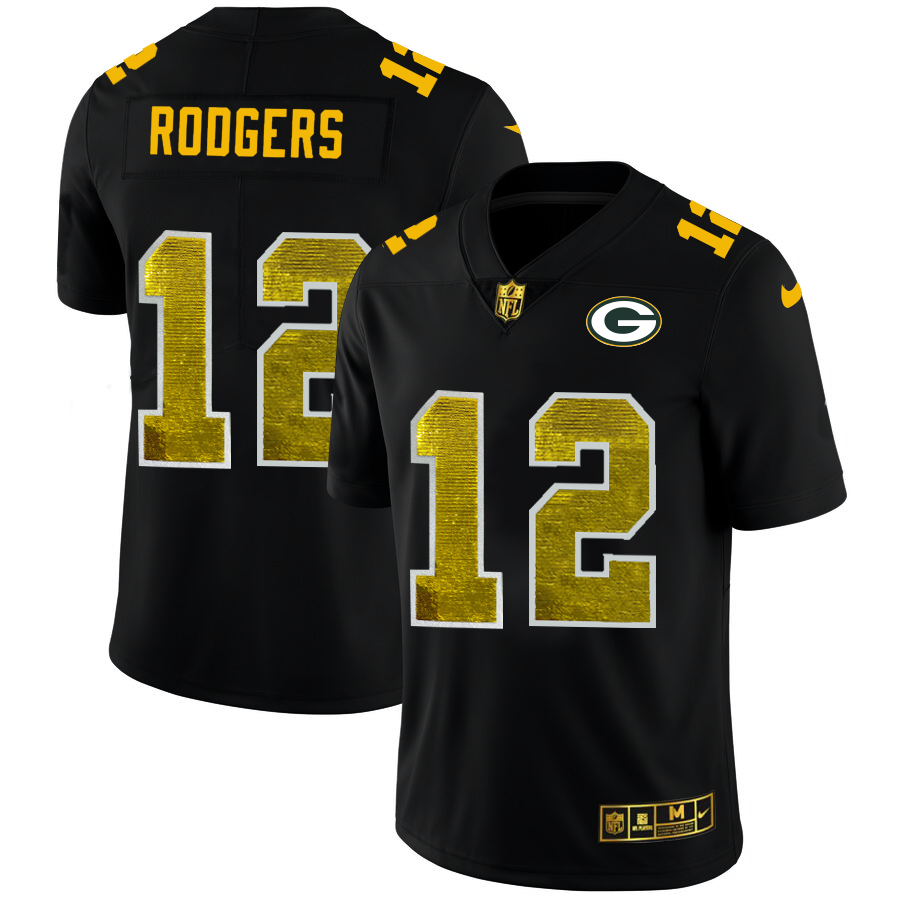 Green Bay Packers #12 Aaron Rodgers Men's Black Golden Sequin Vapor Limited Jersey