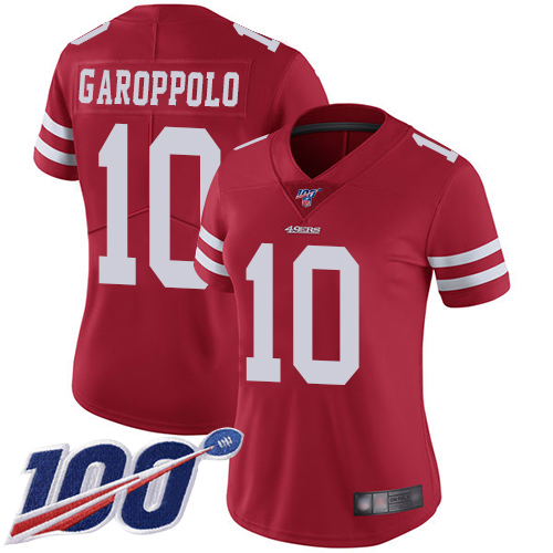 49ers #10 Jimmy Garoppolo Red Team Color Women's Stitched 100th Season Vapor Limited Jersey