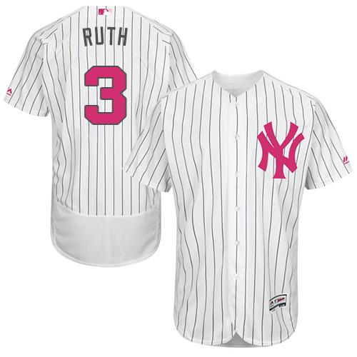 New York Yankees #3 Babe Ruth White Strip Flexbase Authentic Collection Mother's Day Stitched Jersey Men's