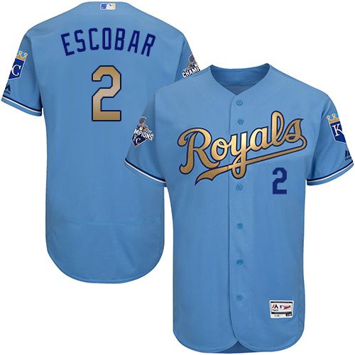 Kansas City Royals #2 Alcides Escobar Light Blue FlexBase Authentic 2015 World Series Champions Gold Program Stitched Jersey Men's