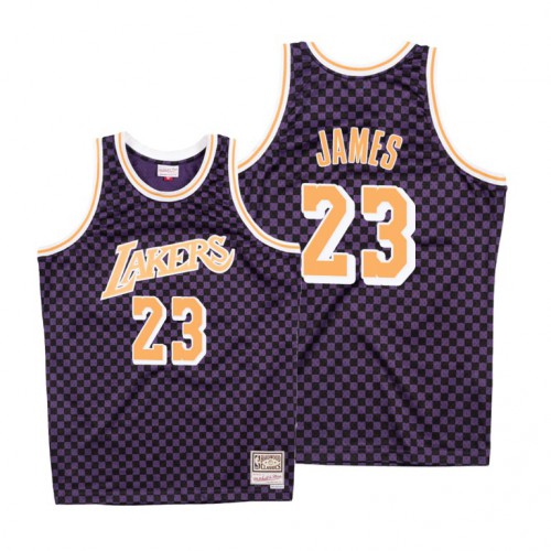 Mitchell & Ness Los Angeles Lakers #23 LeBron James Purple Checkerboard HWC Throwback Jersey Mens