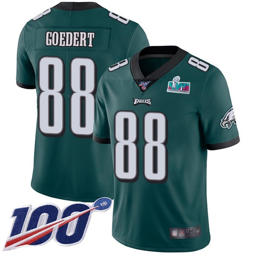 Eagles #88 Dallas Goedert Green Team Color Super Bowl LVII Patch Youth Stitched 100th Season Vapor Limited Jersey