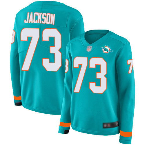 Miami Dolphins #73 Austin Jackson Aqua Green Team Color Women's Stitched Limited Therma Long Sleeve Jersey Womens