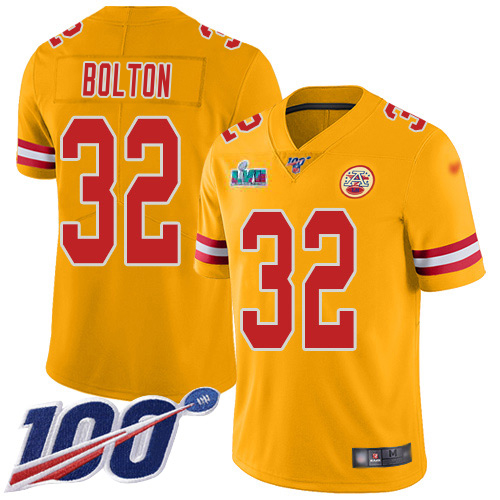 Chiefs #32 Nick Bolton Gold Super Bowl LVII Patch Youth Stitched Limited Inverted Legend 100th Season Jersey