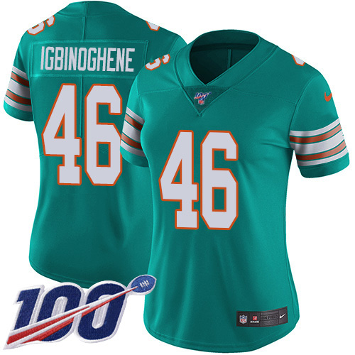 Miami Dolphins #46 Noah Igbinoghene Aqua Green Alternate Women's Stitched 100th Season Vapor Untouchable Limited Jersey Womens