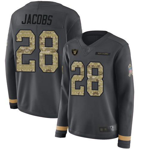 Raiders #28 Josh Jacobs Anthracite Salute To Service Women's Stitched Limited Therma Long Sleeve Jersey