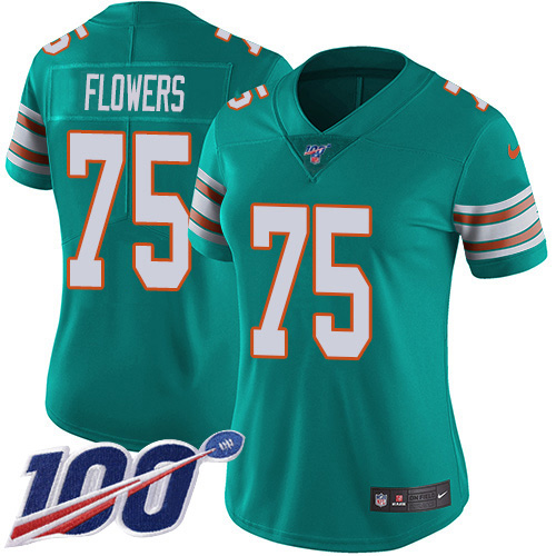 Miami Dolphins #75 Ereck Flowers Aqua Green Alternate Women's Stitched 100th Season Vapor Untouchable Limited Jersey Womens