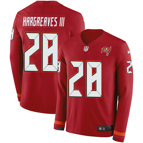 Tampa Bay Buccaneers #28 Vernon Hargreaves III Red Team Color Men's Stitched Limited Therma Long Sleeve Jersey Men's