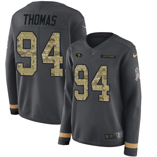 San Francisco 49ers #94 Solomon Thomas Anthracite Salute to Service Women's Stitched Limited Therma Long Sleeve Jersey Womens