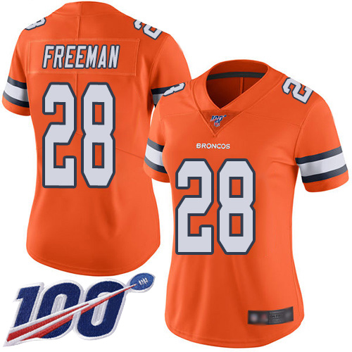 Denver Broncos #28 Royce Freeman Orange Women's Stitched Limited Rush 100th Season Jersey Womens